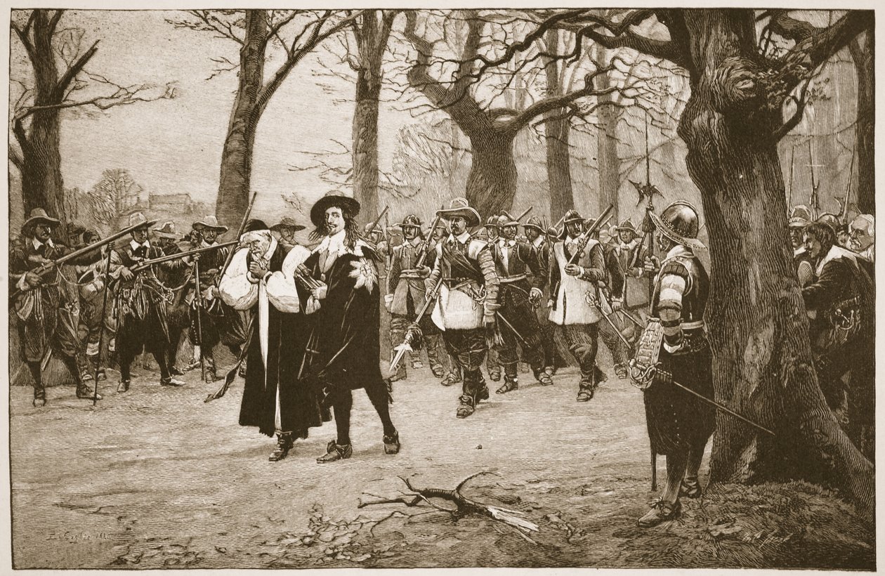 Karol I w drodze na egzekucję, ilustracja z „Kościoła anglikańskiego: historia dla ludu” autorstwa H.D.M. Spence-Jones, wyd. ok. 1910 (zdjęcie w sepii) autorstwa Ernest Crofts