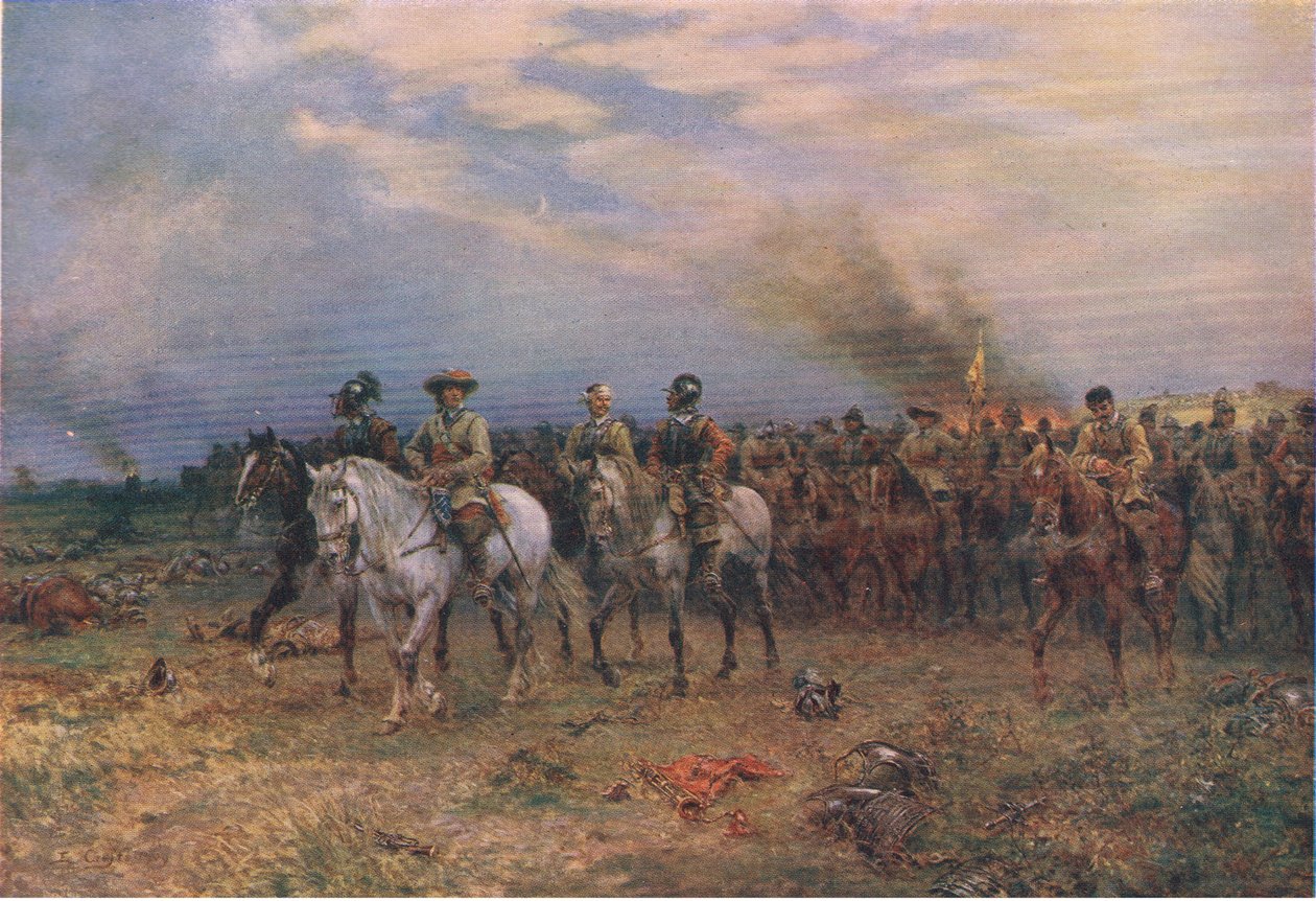 Cromwell w Marston Moor, ilustracja z The History of the British People wydanej przez Waverley, ok. 1940 (litografia kolorowa) autorstwa Ernest Crofts