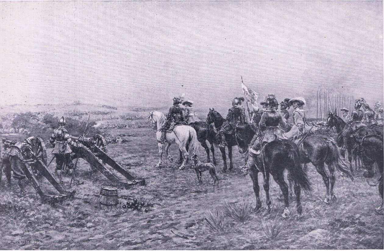 Książę Rupert w bitwie pod Marston, 2 lipca 1644, ilustracja z brytyjskich bitew na lądzie i morzu, 1915 autorstwa Ernest Crofts