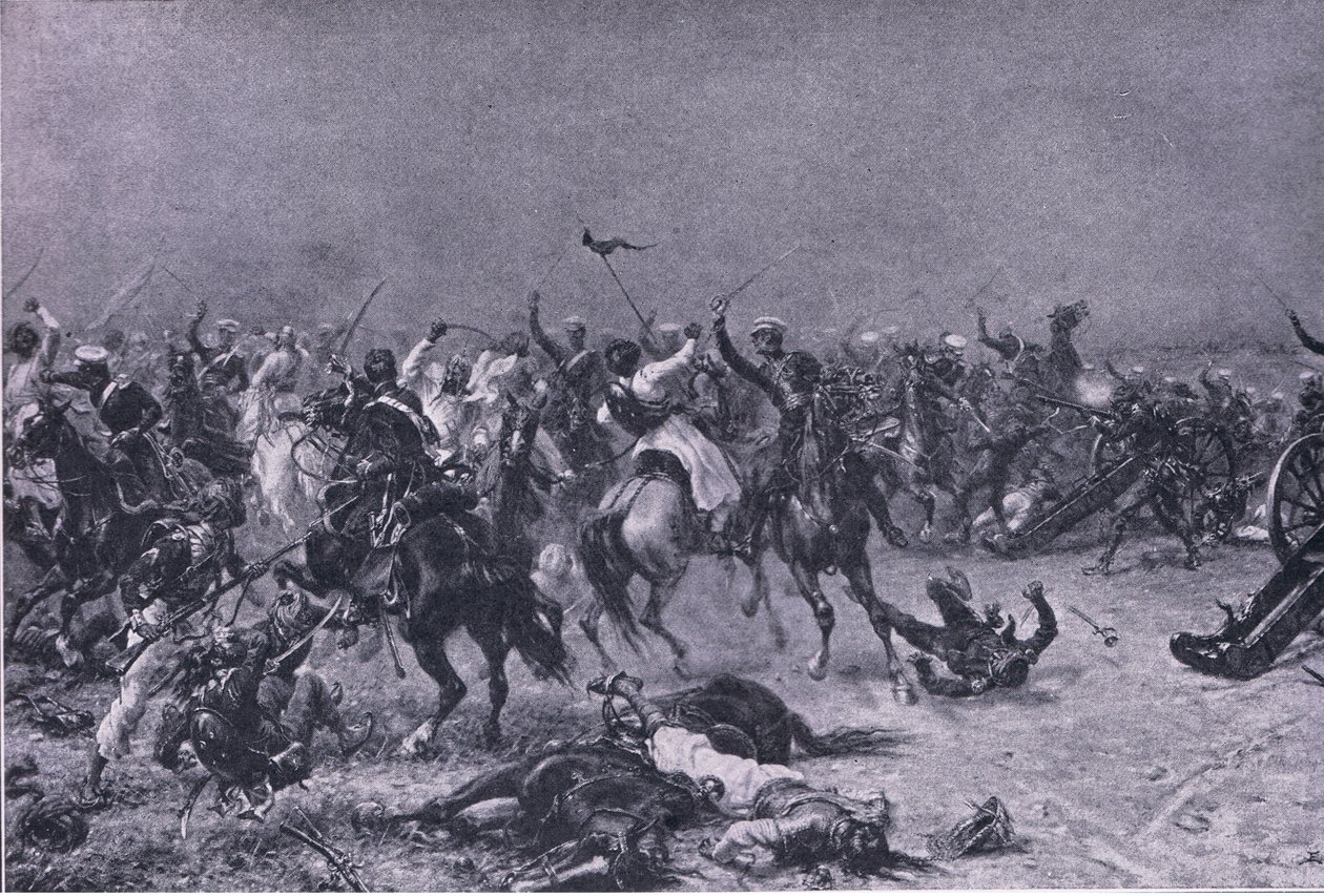 Szarża Kings Own Light Dragons w Mudkach, ilustracja z brytyjskich bitew na lądzie i morzu, 1915 autorstwa Ernest Crofts