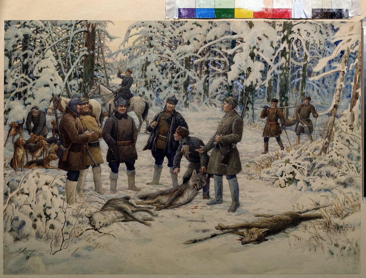 Po udanym polowaniu. Grupy myśliwych łapią zwierzynę łowną (wilki) na sygnał jeźdźca dmącego w róg. Obraz Ernesta Ernestovicha Lissnera (1874-1941), olej na płótnie autorstwa Ernest Ernestovich Lissner