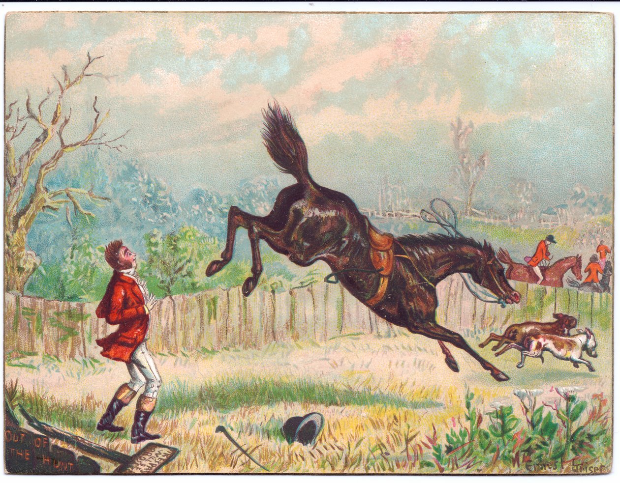 Wiktoriańska kartka z życzeniami z polowania na lisa z samotnym koniem galopującym, pozostawiając myśliwego na mieliźnie, ok. 1880 r. autorstwa Ernest Henry Griset