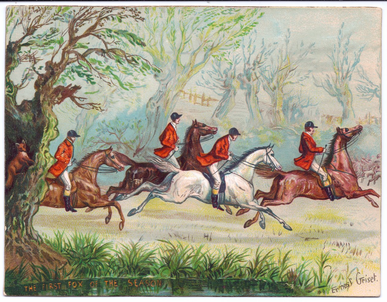 Wiktoriańska kartka z życzeniami przedstawiająca łowców lisów biegnących obok, gdy lis ukrywa się na drzewie, ok. 1880 r autorstwa Ernest Henry Griset