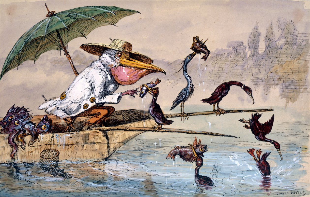 Kormorany prezentujące ryby pelikanowi w łódce pod parasolem, c1864-1907 autorstwa Ernest Henry Griset