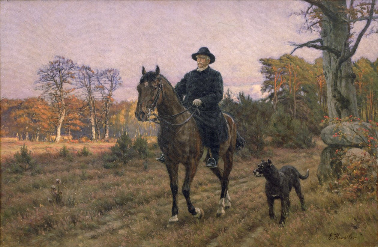Bismarck na koniu z psem (odbitka olejna) autorstwa Ernest Henseler