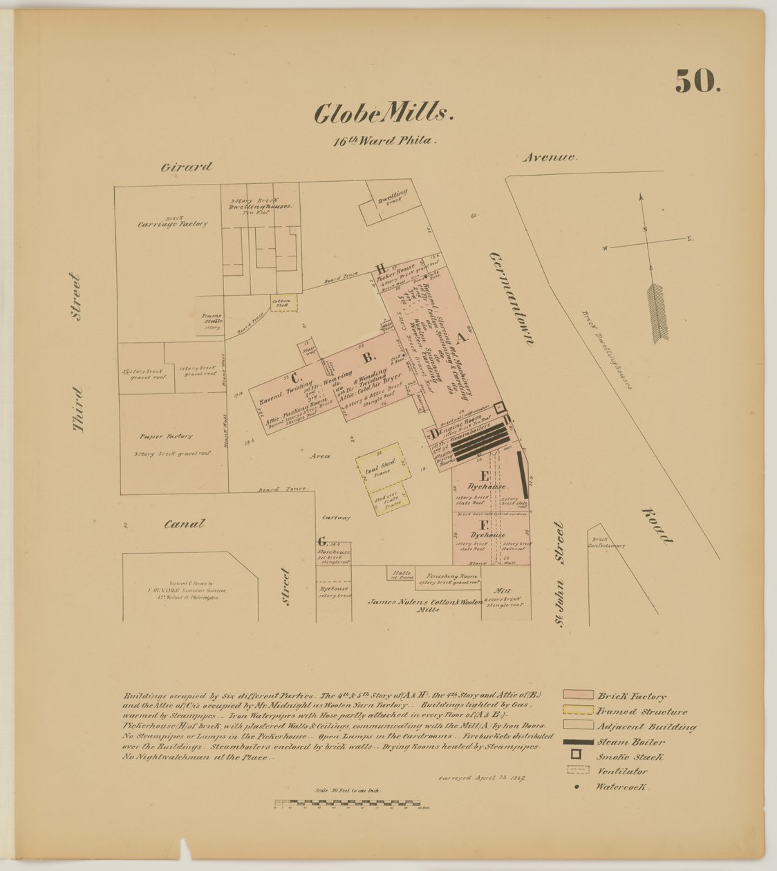 Girard Ave, Germantown Rd, 3rd St and Canal Street, Hexamer General Surveys, 1867 autorstwa Ernest Hexamer