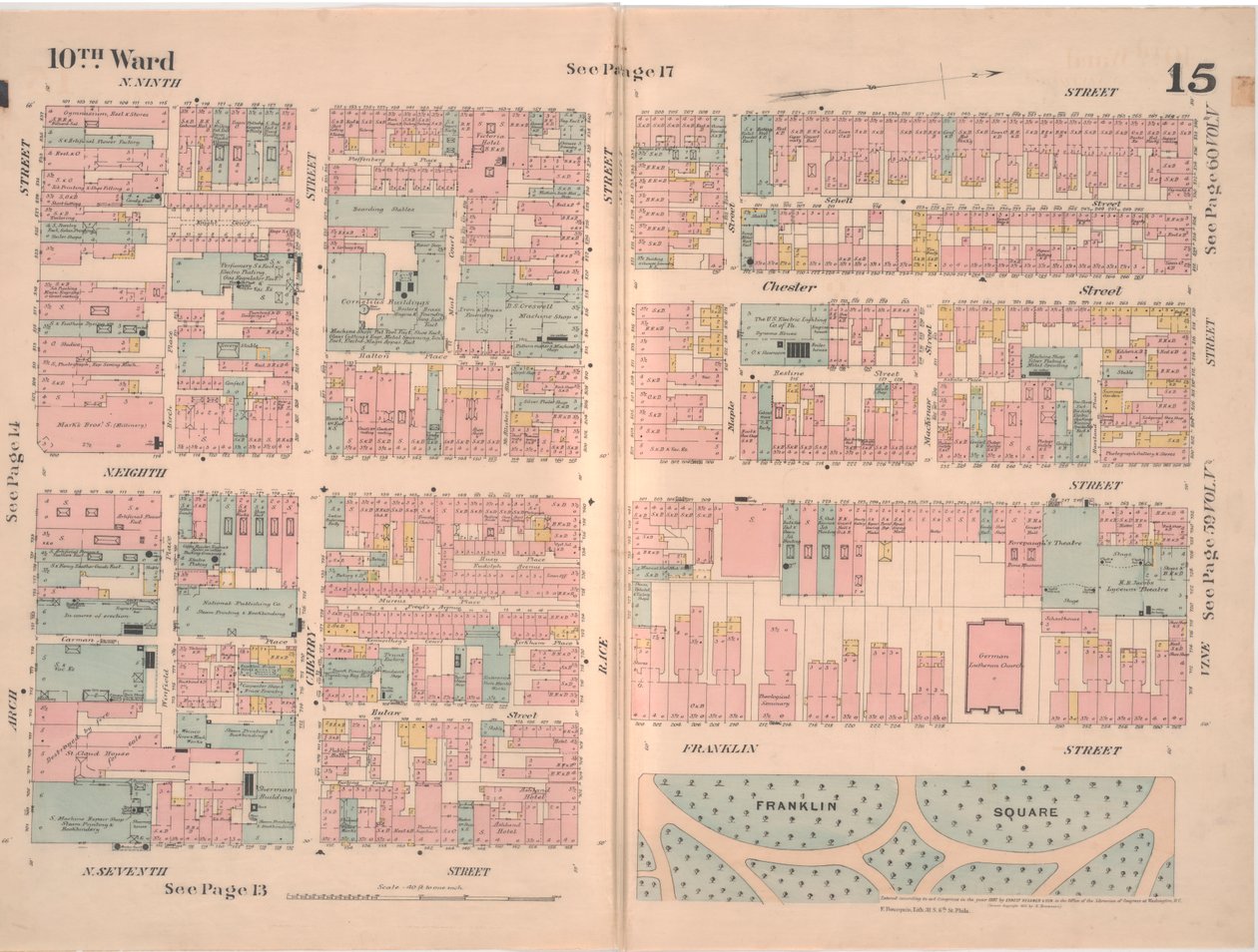 Mapa ubezpieczeniowa miasta Filadelfii; tom 2, płyta 15, 1887 (rycina ręcznie kolorowana) autorstwa Ernest Hexamer