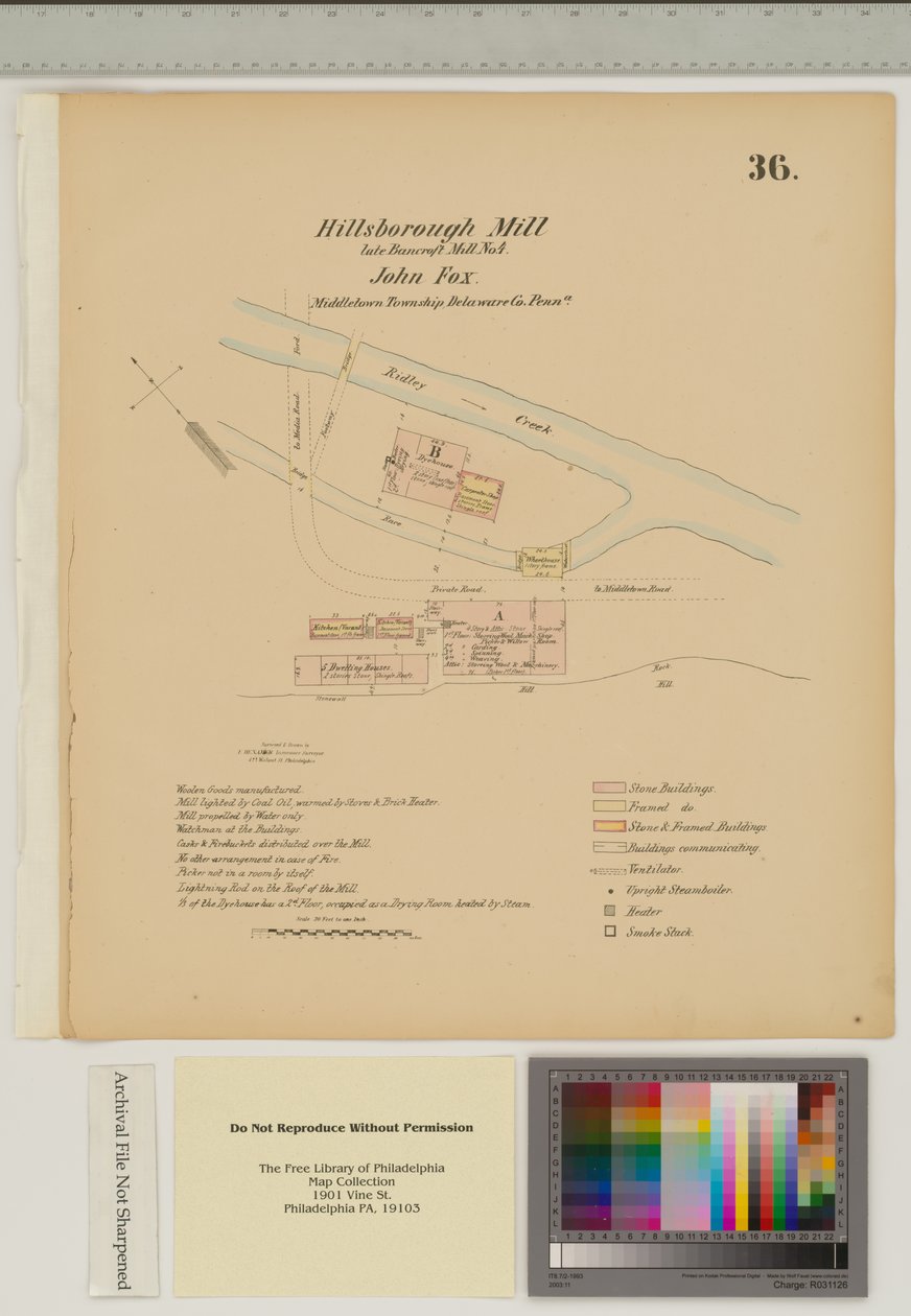 Plan dla Hillsborough Mill, Middletown Township, Delware, ilustracja z „Hexamer General Surveys” (pióro i atrament z praniem na papierze) autorstwa Ernest Hexamer