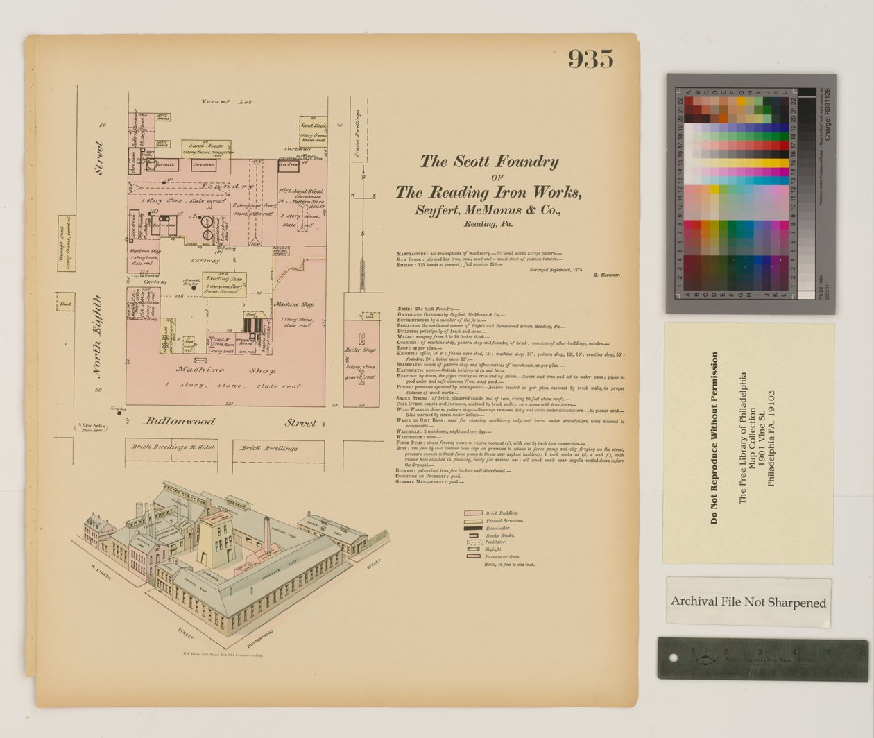 Plan dla Reading Iron Works, Scott Foundry, Pensylwania, wrzesień 1875 autorstwa Ernest Hexamer