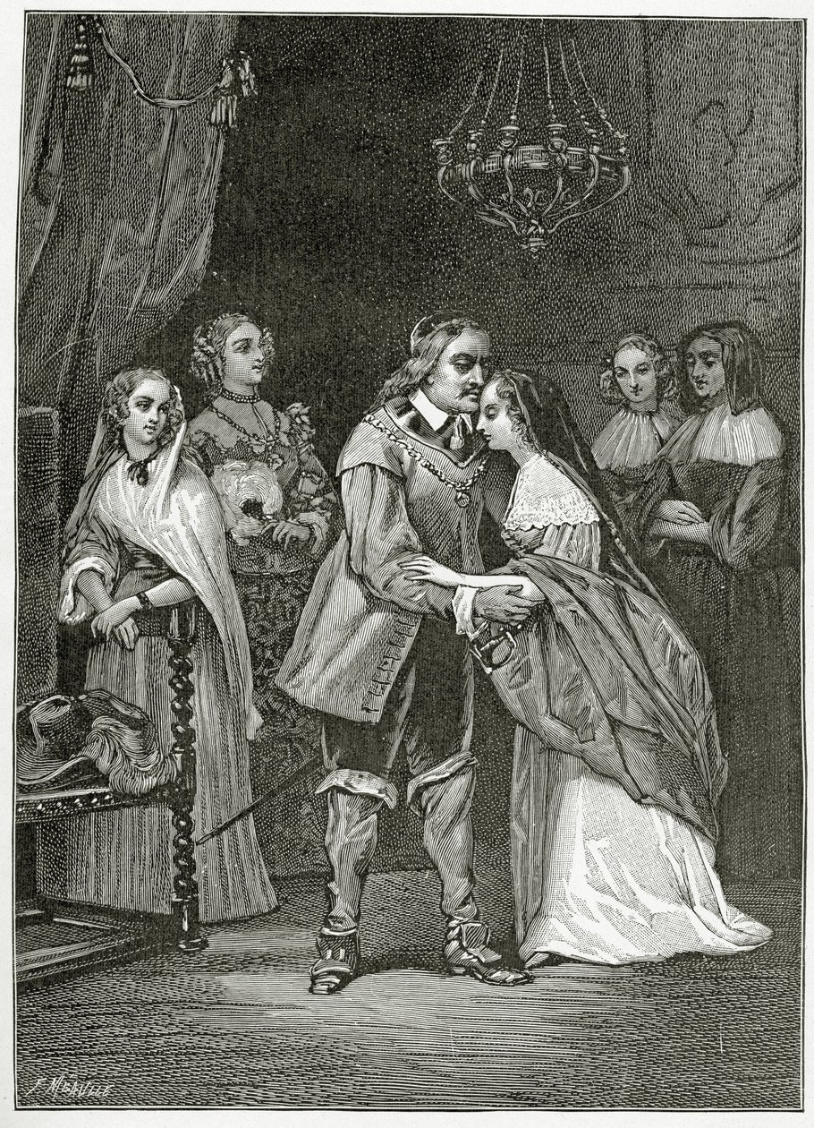 Cromwell i jego córki, XIX w. (rycina bw) autorstwa Ernest Hillemacher