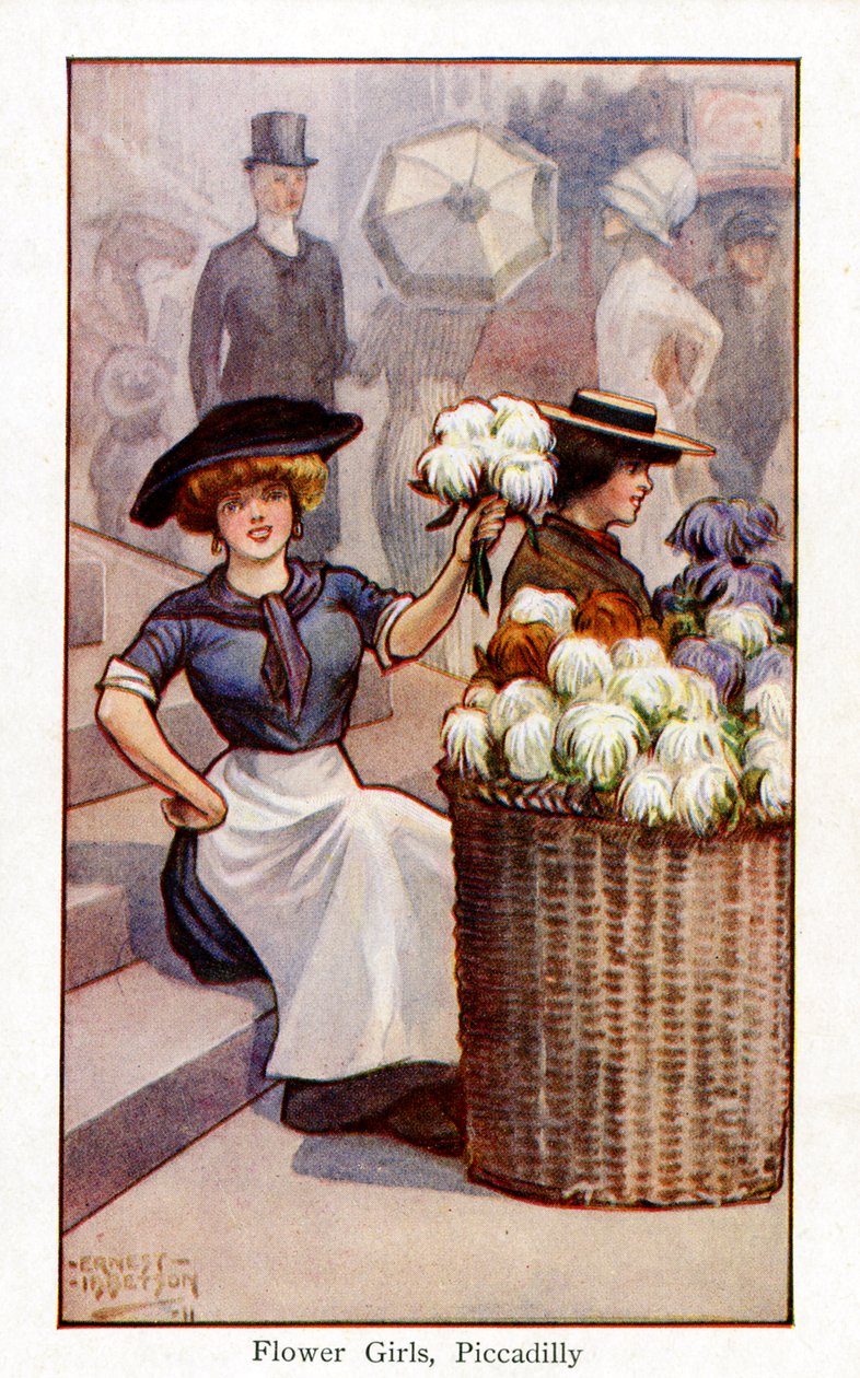 Sprzedawcy kwiatów przy pracy, Piccadilly, Londyn autorstwa Ernest Ibbetson