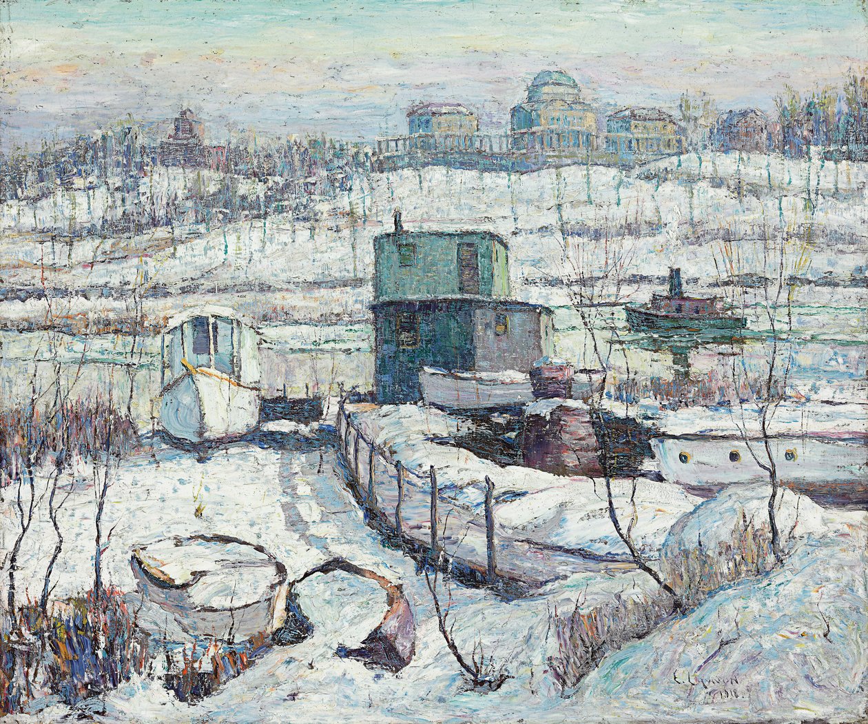 Przystań dla łodzi, zima, rzeka Harlem autorstwa Ernest Lawson