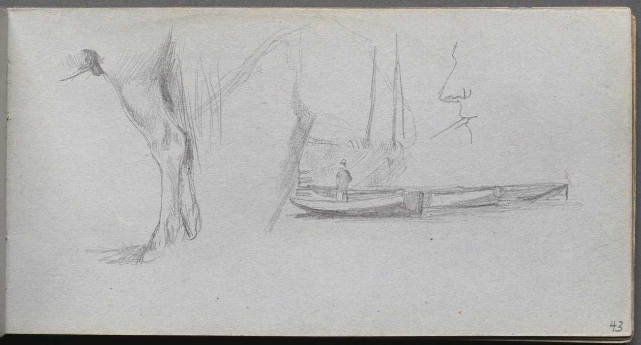 Szkicownik, strona 43: Studia: Noga konia, Postać w łodzi i Profil. autorstwa Jean Louis Ernest Meissonier