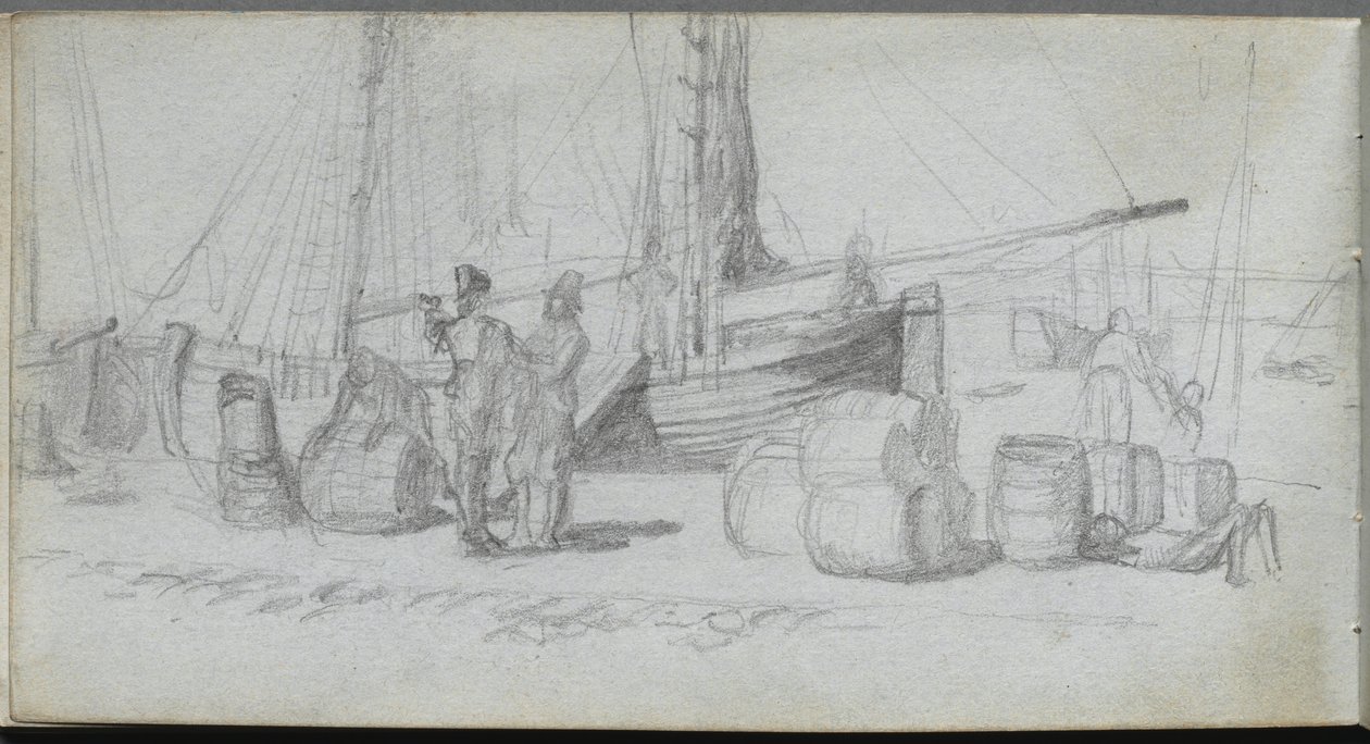 Szkicownik, strona 50: Łodzie, figurki, ładunek na plaży autorstwa Ernest Meissonier