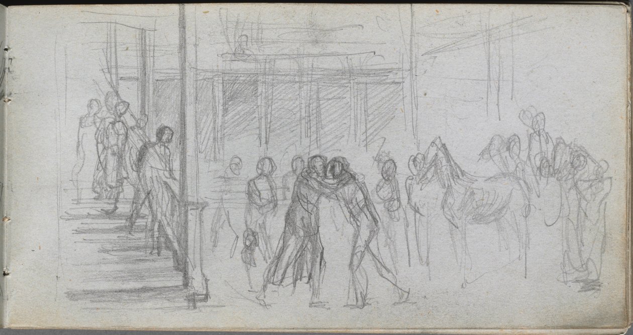 Szkicownik, strona 62: Studium postaci, schody, koń. autorstwa Jean Louis Ernest Meissonier