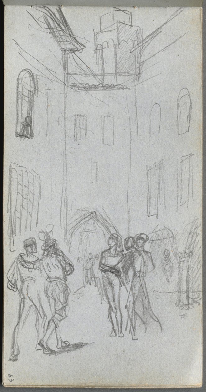 Szkicownik, strona 63: Postacie na dziedzińcu. autorstwa Jean Louis Ernest Meissonier