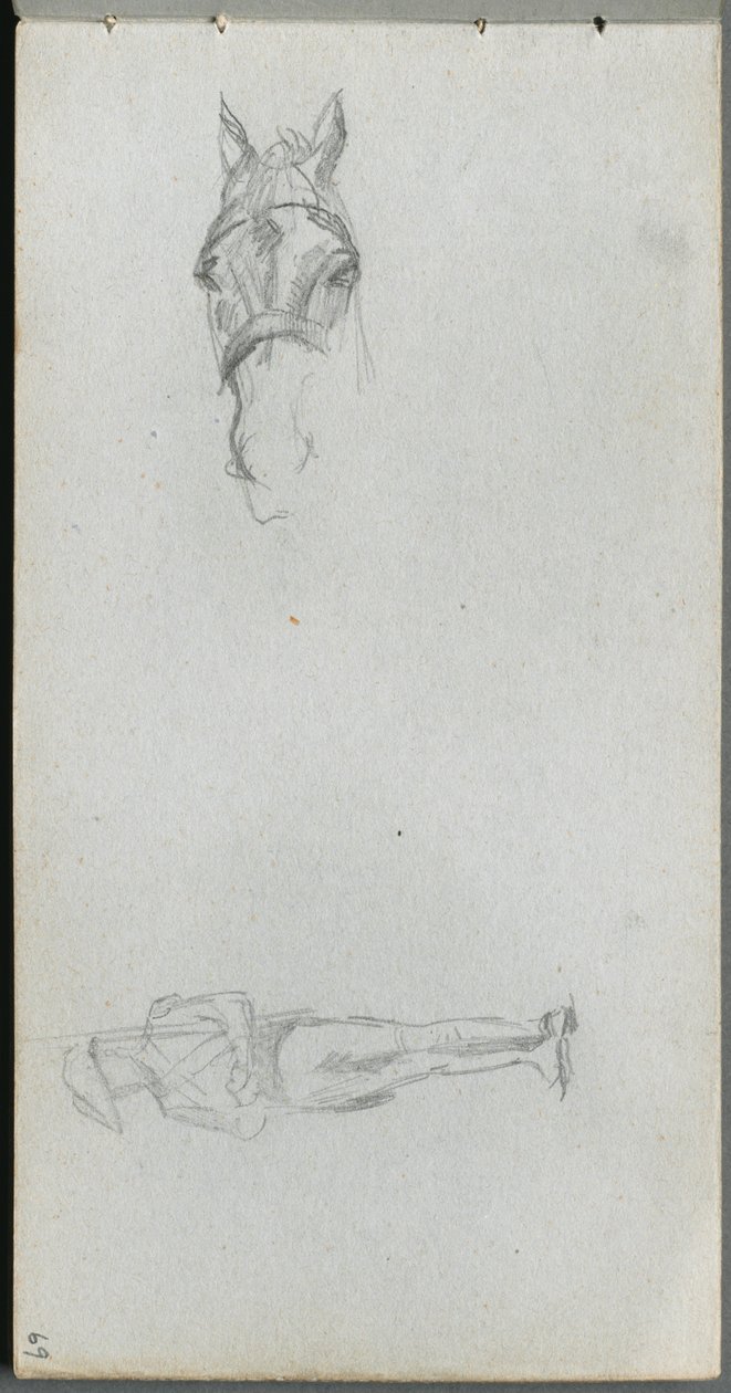 Szkicownik, strona 69: Studium ręki, konia i figury. autorstwa Jean Louis Ernest Meissonier
