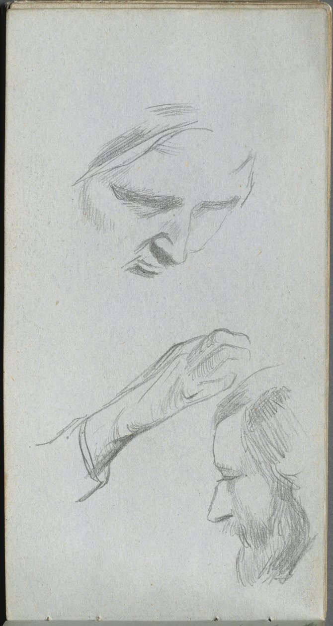 Szkicownik, strona 70: Studium dwóch twarzy i ręki. autorstwa Jean Louis Ernest Meissonier