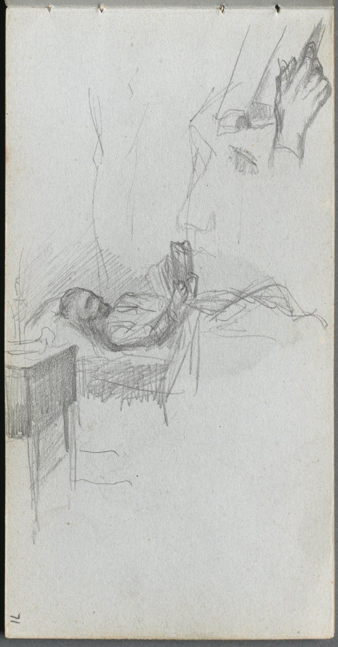 Szkicownik, strona 71: Studium czytania postaci w łóżku, Studium ręki. autorstwa Jean Louis Ernest Meissonier