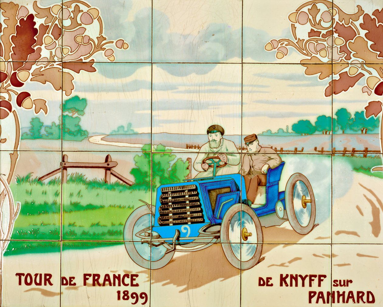 De Knyff jadący samochodem Panhard w Tour de France w 1899 roku: płytki ceramiczne wyprodukowane przez Gilardoni Fils et Cie z Paryża, według rysunku Ernesta Montauta (1878-1909). autorstwa Ernest Montaut