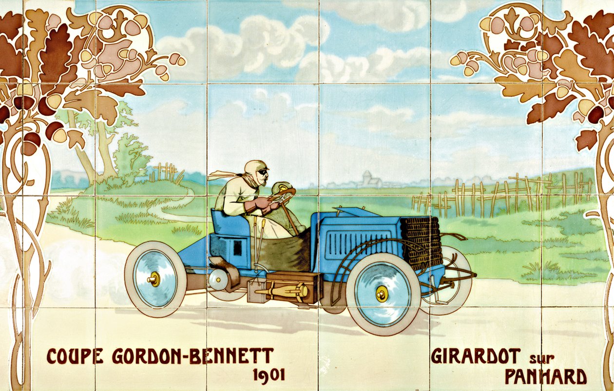 Girardot prowadzący samochód Panhard w Gordon Bennet Cup w 1901 roku: płytki ceramiczne wyprodukowane przez Gilardoni Fils et Cie z Paryża, według rysunku Ernesta Montauta (1878-1909). autorstwa Ernest Montaut
