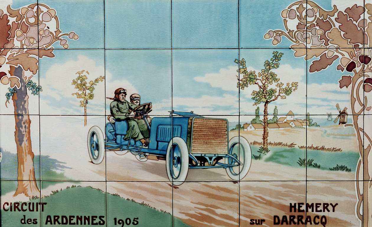 Hemery prowadzący samochód Darracq na torze Circuit des Ardennes w 1905 roku: płytki ceramiczne wyprodukowane przez Gilardoni Fils et Cie z Paryża, według rysunku Ernesta Montauta (1878-1909). autorstwa Ernest Montaut