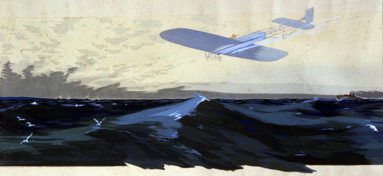 Louis Bleriot: Pierwsza przeprawa powietrzna przez kanał La Manche, ok. 1920 r. (ilustracja) autorstwa Ernest Montaut