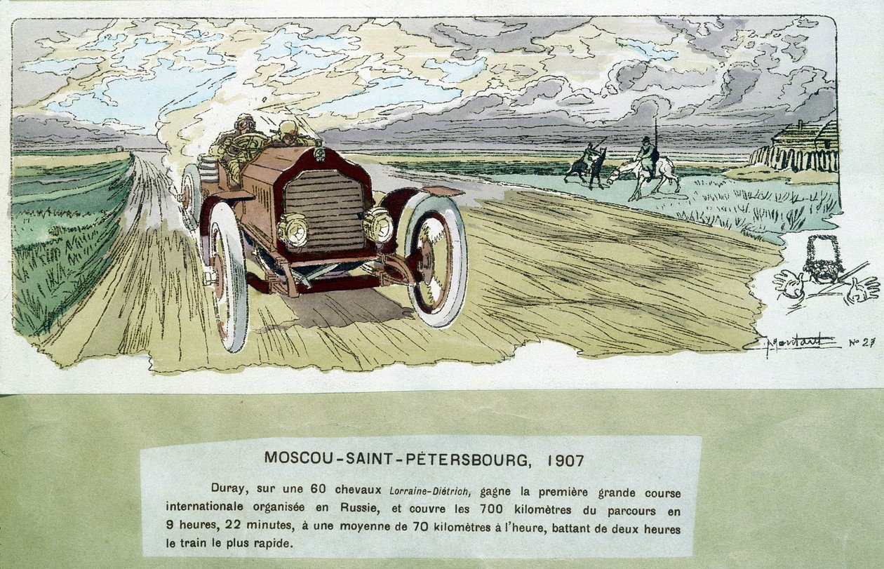 Wyścig samochodowy: Moskwa - Petersburg, ok. 1900 r. - rysunek Ernesta Montauta (1878-1909). autorstwa Ernest Montaut