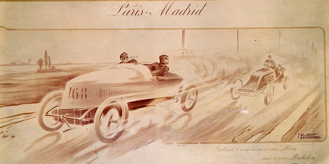 Wyścigi samochodowe: „Paris Madrid”: zwycięzca Gabriela na Morsie wyposażonym w opony Michelin „” Ilustracja 1903 autorstwa Ernest Montaut