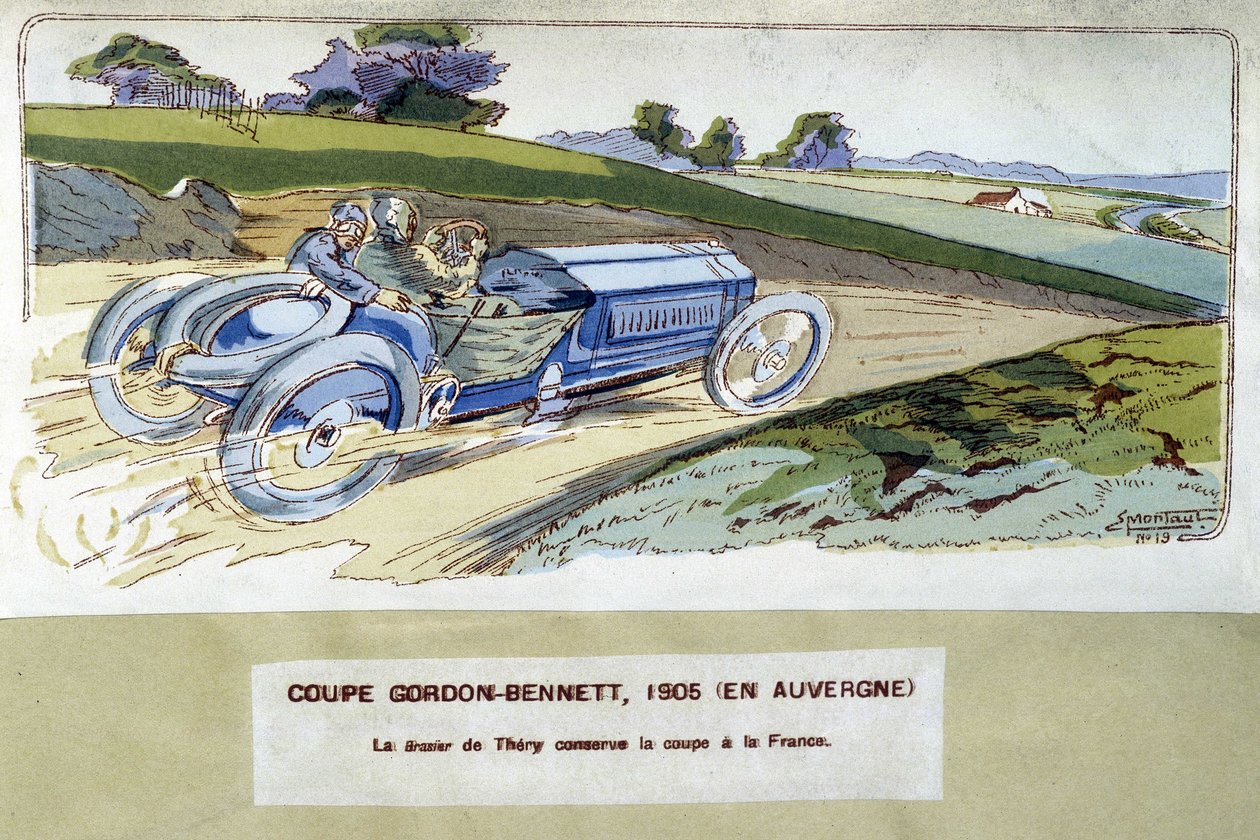 Wyścigi: Puchar Gordona Bennetta (Gordon-Bennett) w 1905 r. - rysunek Ernesta Montauta (1878-1909). autorstwa Ernest Montaut