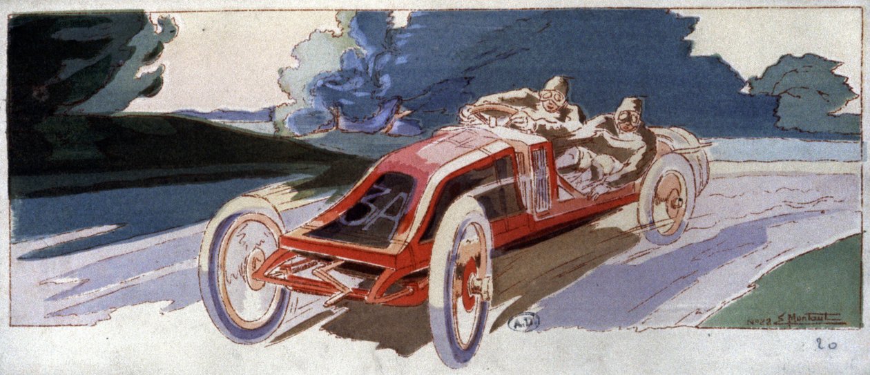 Szisz na samochodzie Renault, zwycięzca Grand Prix ACF, ok. 1910 (ilustracja) autorstwa Ernest Montaut