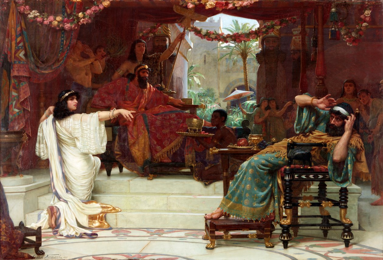 Estera zadenuncjuje Hamana królowi Aswerusowi, 1888 autorstwa Ernest Normand