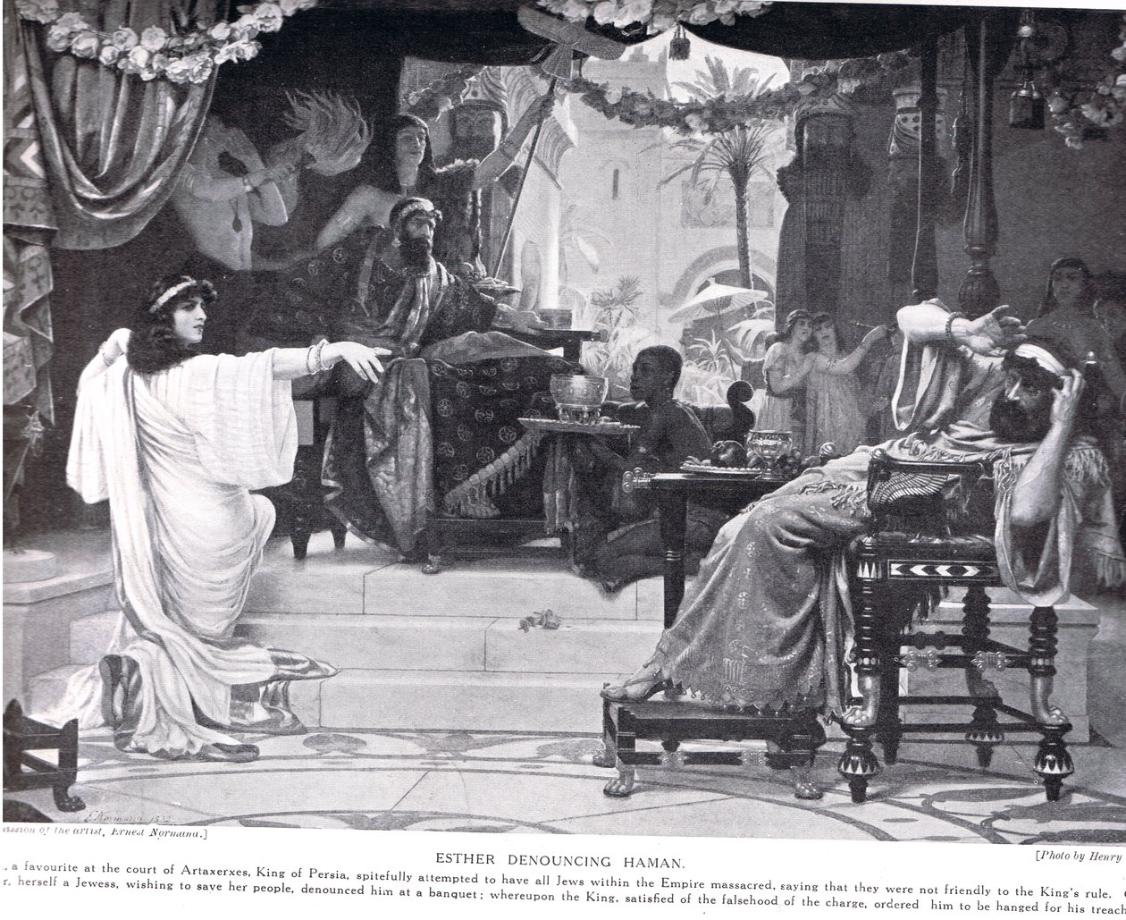 Estera potępiająca Hamana, ilustracja z "Hutchinsons History of the Nations", ok. 1910 r. autorstwa Ernest Normand