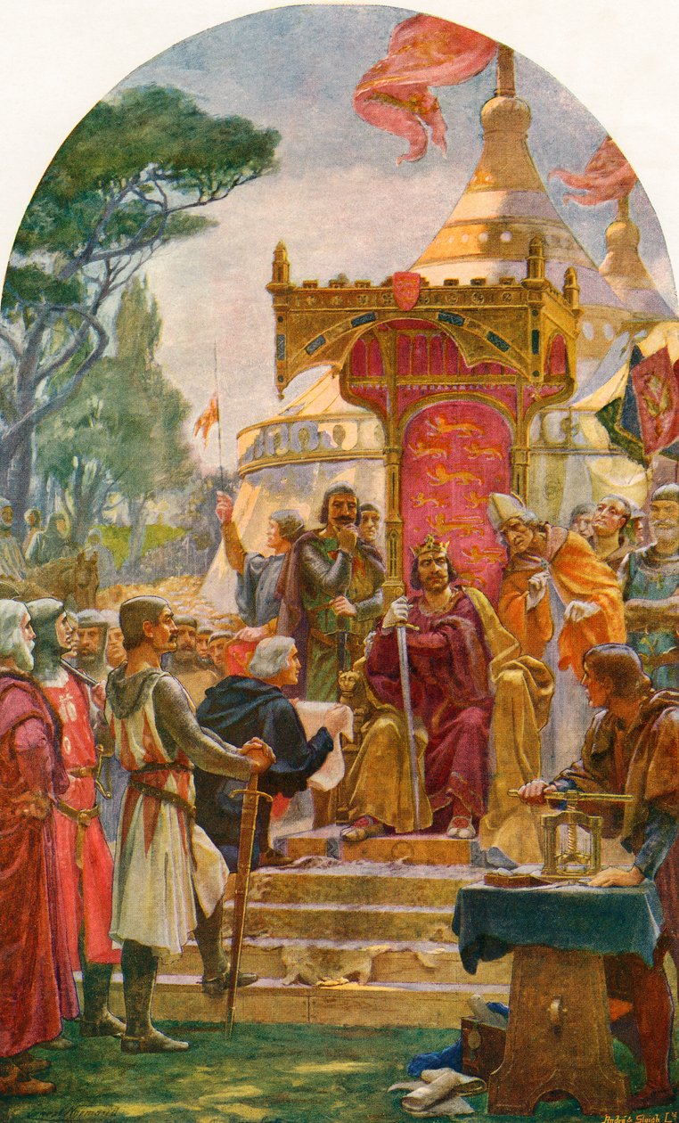 Król Jan przyznający Magna Carta w Runnymede, na brzegu Tamizy w pobliżu Windsor w Anglii, 15 czerwca 1215. Z Historii Anglii Cassella, opublikowanej ok. 1901 autorstwa Ernest Normand