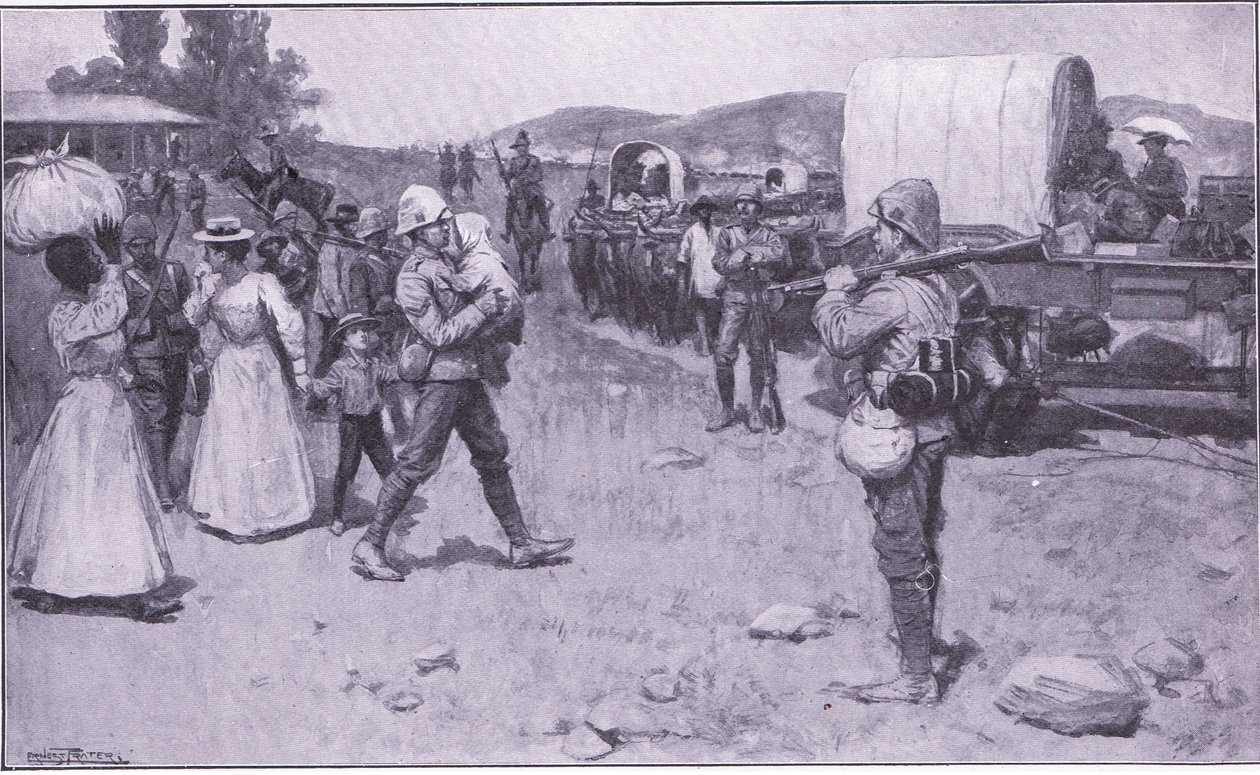 Brytyjscy żołnierze asystujący uchodźcom burskim, ilustracja z filmu After Pretoria: The Guerilla War, 1902 autorstwa Ernest Prater