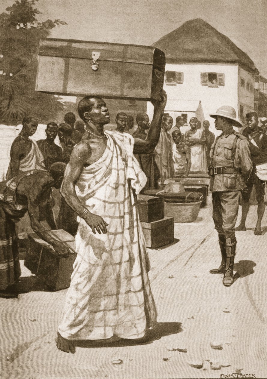 Przewoźnicy startujący z Cape Coast Castle dla Kumassi, ilustracja z „Bitwy XIX wieku: tom. VII, Wojna Ashanti z 1900 r. Archibald Forbes, G.A. Henty i major Arthur Griffith autorstwa Ernest Prater