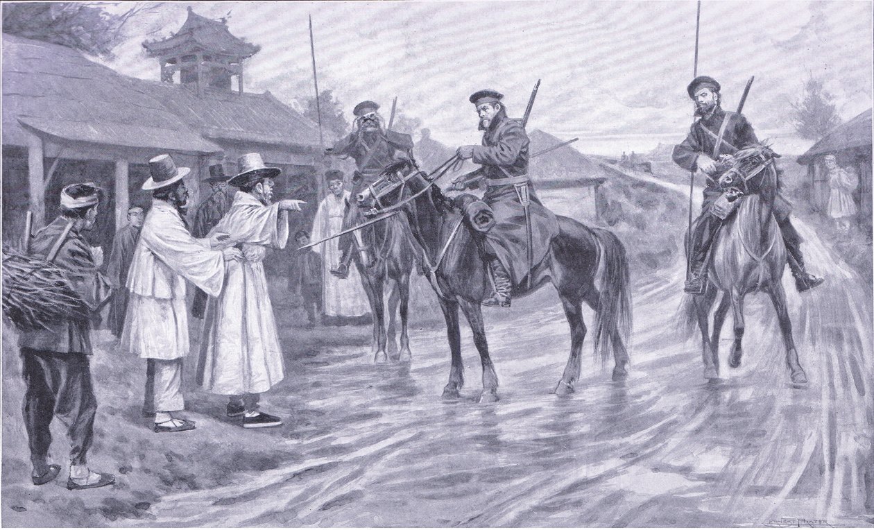 Kozacy zbierają informacje od koreańskiego jeńca, ilustracja z Cassells History of the rosyjsko-japońskiej wojny t. 1, ok. 1900 autorstwa Ernest Prater