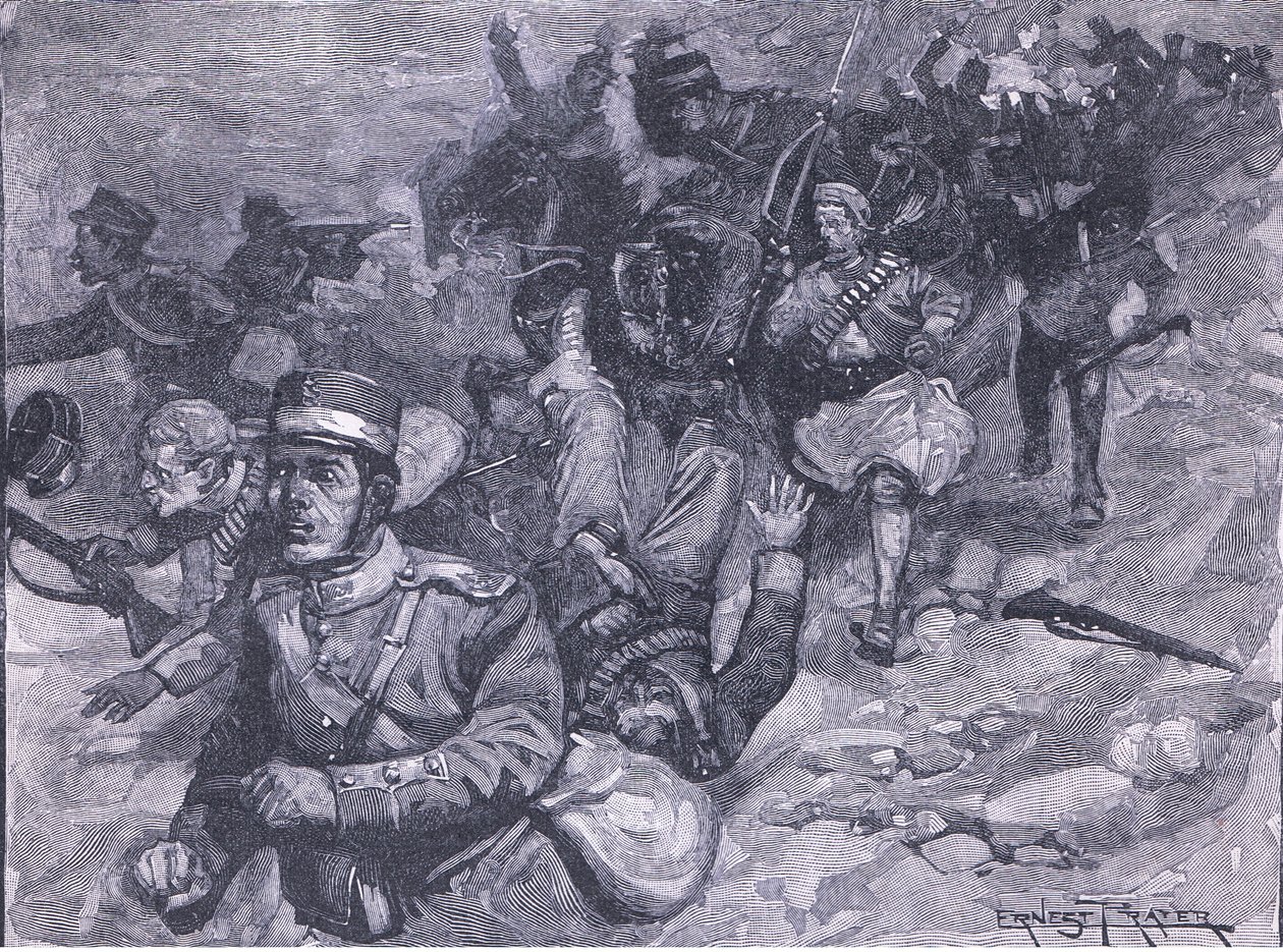 Ucieczka Greków w Larisie, ilustracja z Cassells History of England, 1900 autorstwa Ernest Prater