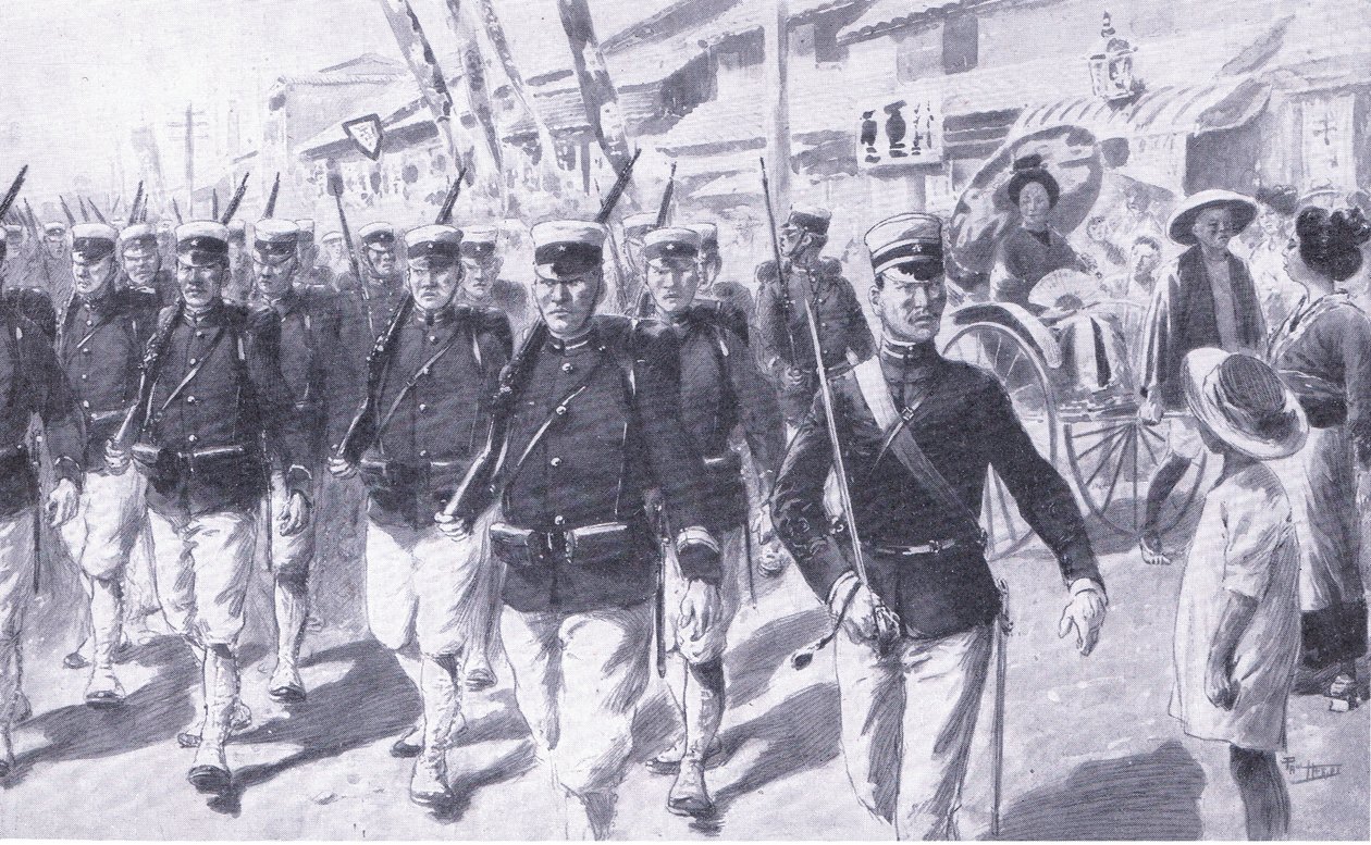 Japoński marsz przez Tokio, ilustracja z Historii wojny rosyjsko-japońskiej w Cassells, t. 1, ok. 1900 autorstwa Ernest Prater
