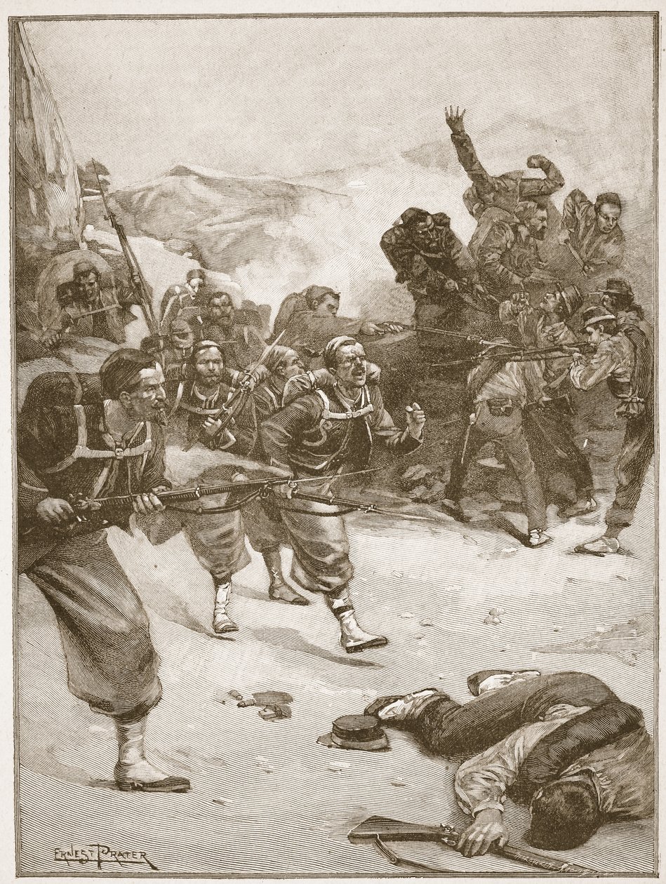Żuawowie zajęli jedną z barykad błyskawiczną szarżą bagnetową, ilustracja z „Bitwy XIX wieku” autorstwa Archibalda Forbesa, G.A. Henty i major Arthur Griffiths autorstwa Ernest Prater