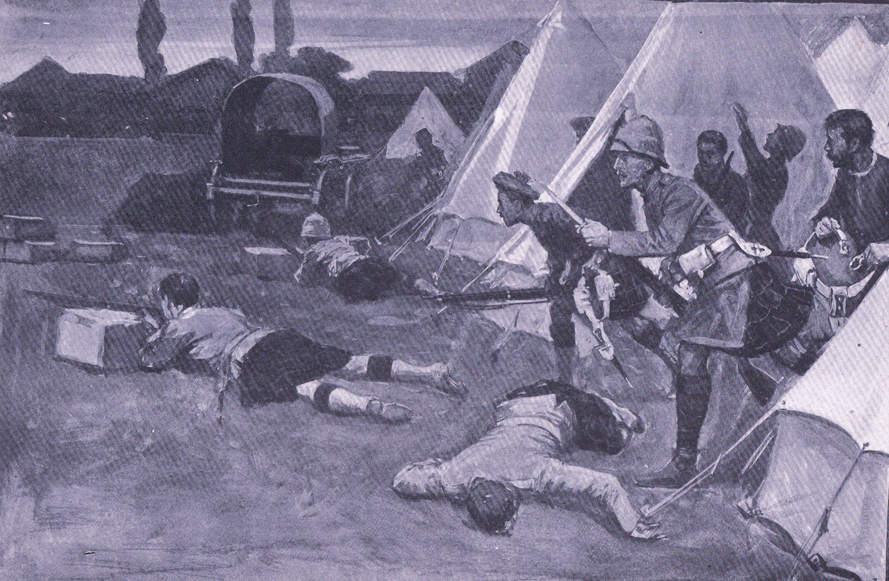Atak na brytyjski obóz na rynku Jacobsdal, ilustracja z filmu After Pretoria: The Guerilla War, 1902 autorstwa Ernest Prater