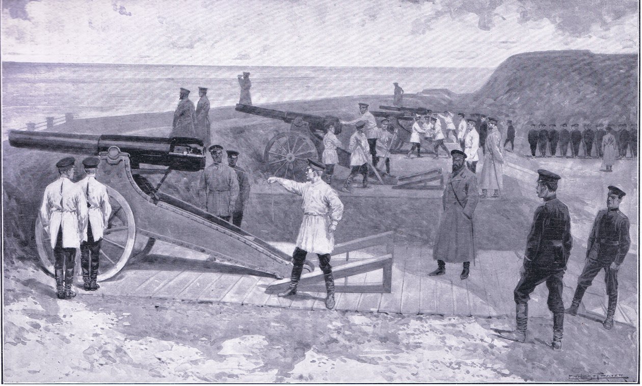Inwestycja Port Arthur. W jednym z portów strzegących rosyjskiego portu, ilustracja z Cassells Historia wojny rosyjsko-japońskiej t. 1, ok. 1900 autorstwa Ernest Prater