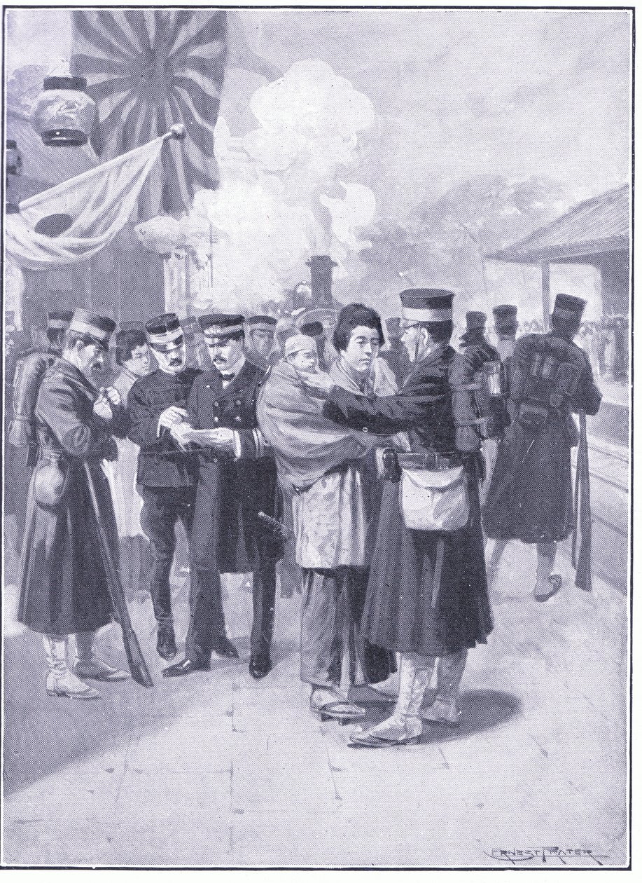Żołnierze opuszczają Tokio, ilustracja z Cassells History of the rosyjsko-japońskiej wojny t. 1, ok. 1900 autorstwa Ernest Prater