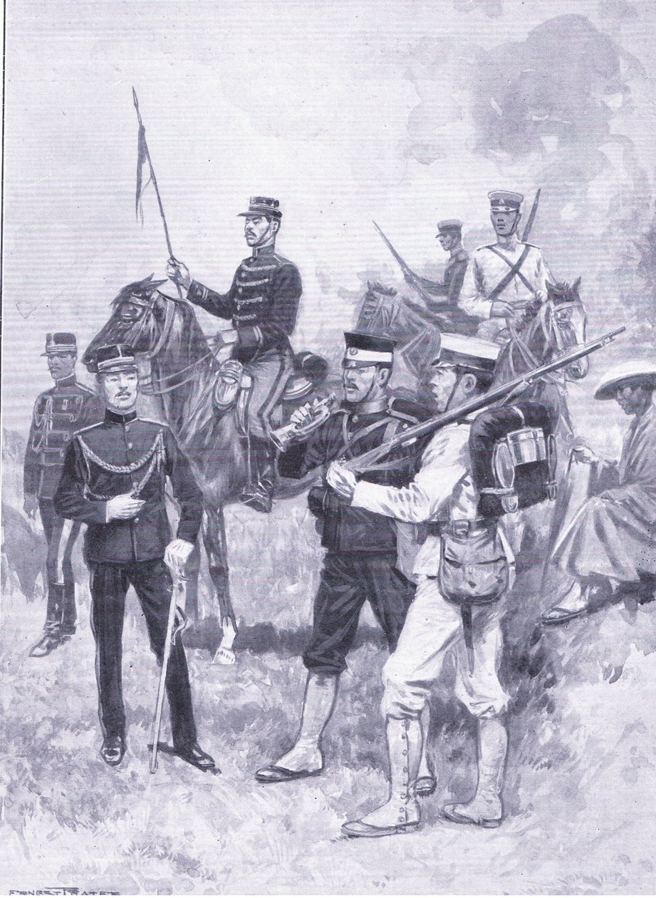 Typy żołnierzy japońskich, ilustracja z Historii wojny rosyjsko-japońskiej w Cassells, t. 1, ok. 1900 autorstwa Ernest Prater