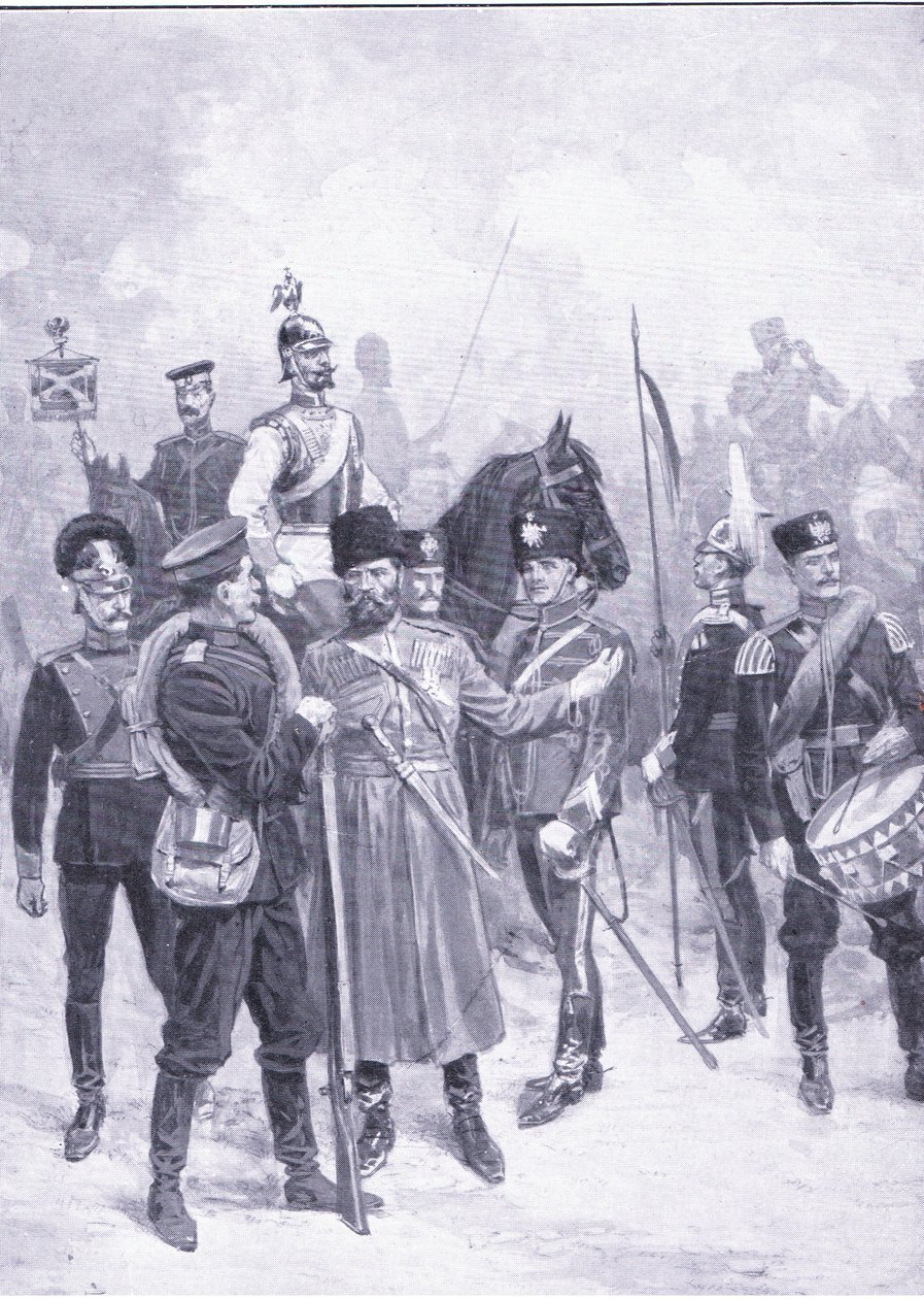Rodzaje żołnierzy rosyjskich, ilustracja z Historii wojny rosyjsko-japońskiej w Cassells t. 1, ok. 1900 autorstwa Ernest Prater