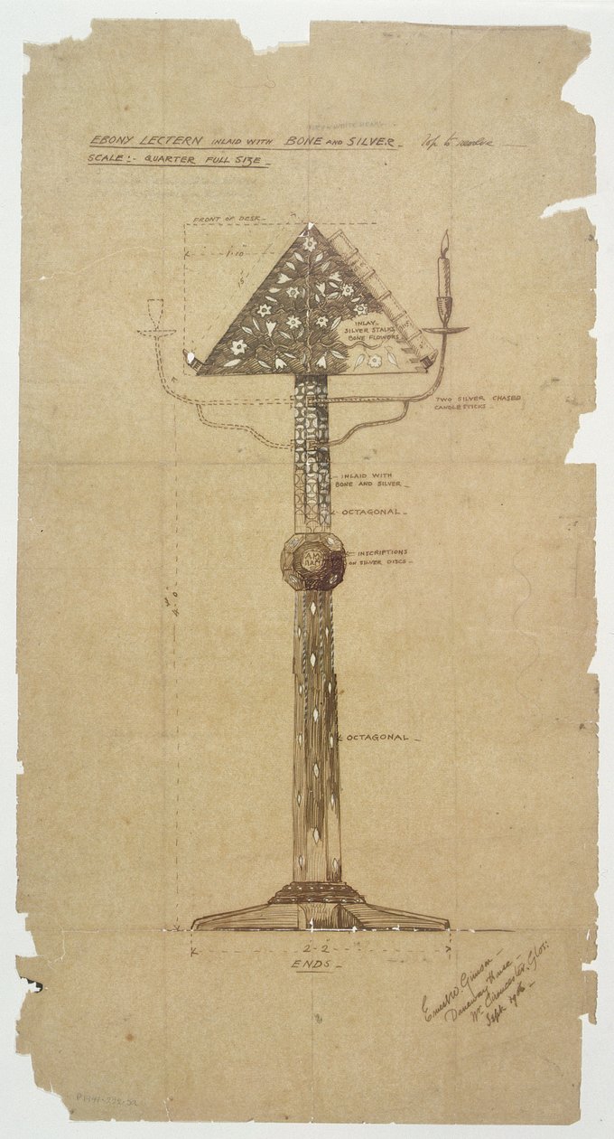 Projekt hebanowej mównicy inkrustowanej kością i srebrem dla kościoła św. Andrzeja, Roker 1906 (pióro i atrament na papierze) autorstwa Ernest William Gimson