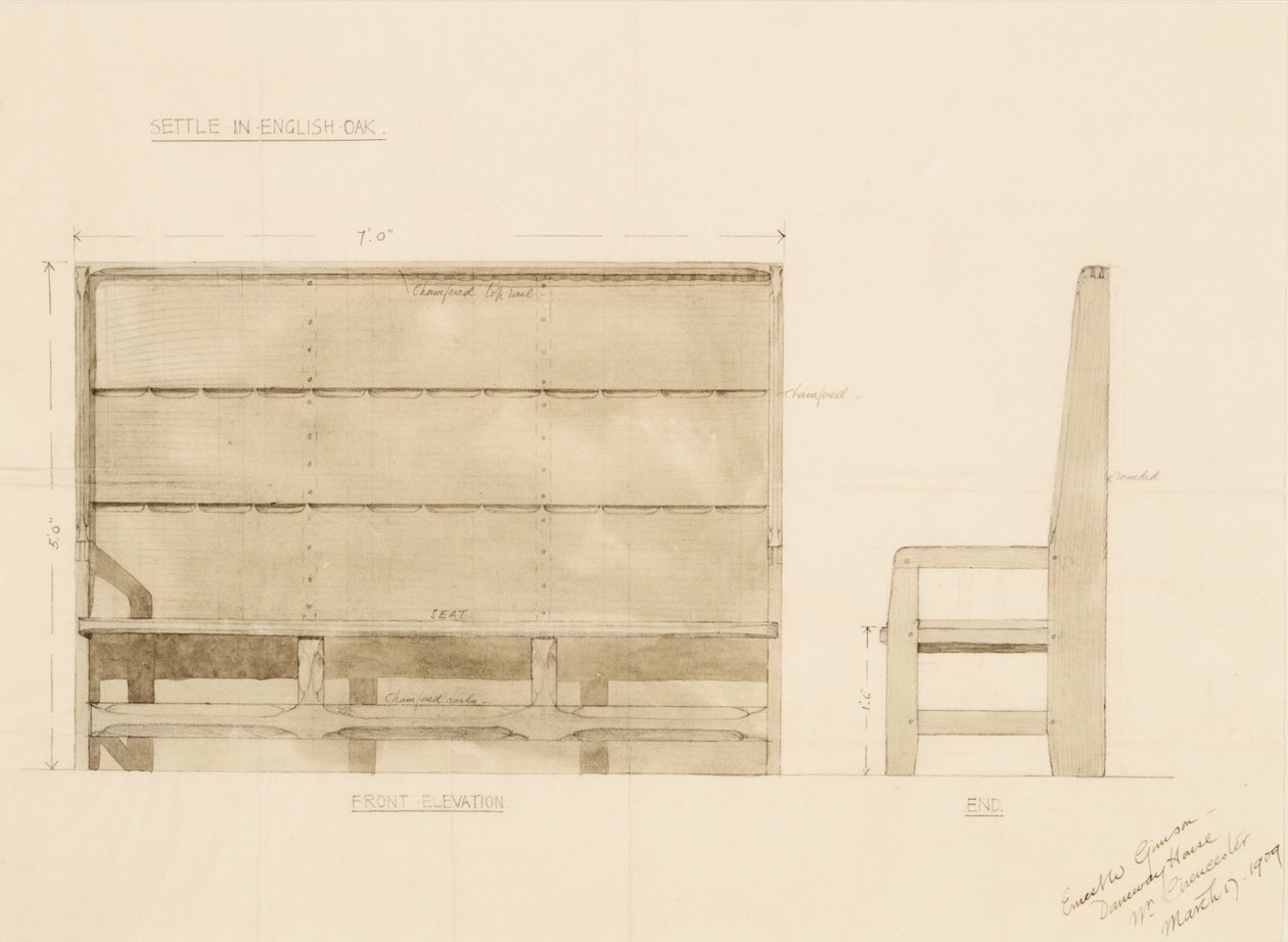 Design for Settle w angielskim dębie, 1909 (długopis z toaletą na papierze) autorstwa Ernest William Gimson