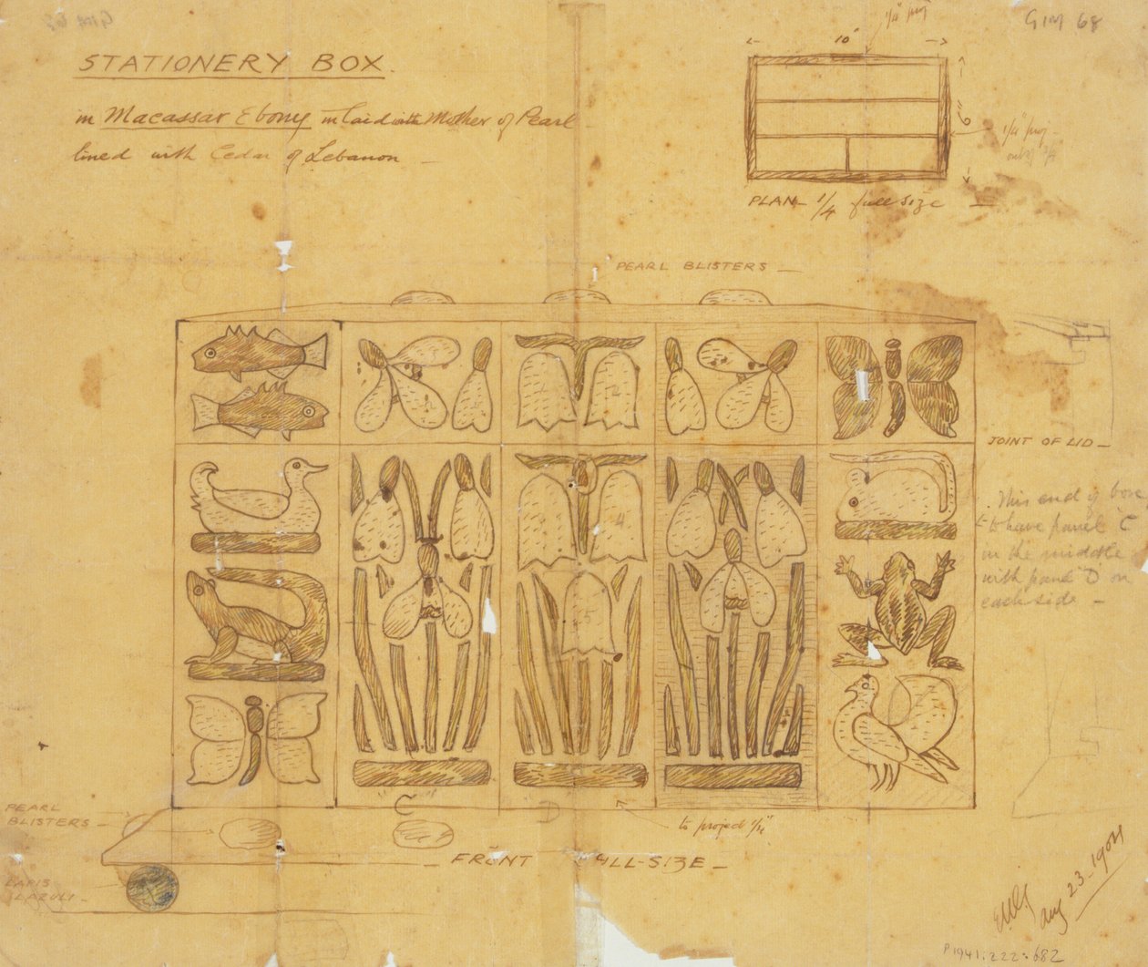 Projekt pudełka na przybory piśmiennicze z hebanu Macassar inkrustowanego masą perłową, 1904 autorstwa Ernest William Gimson