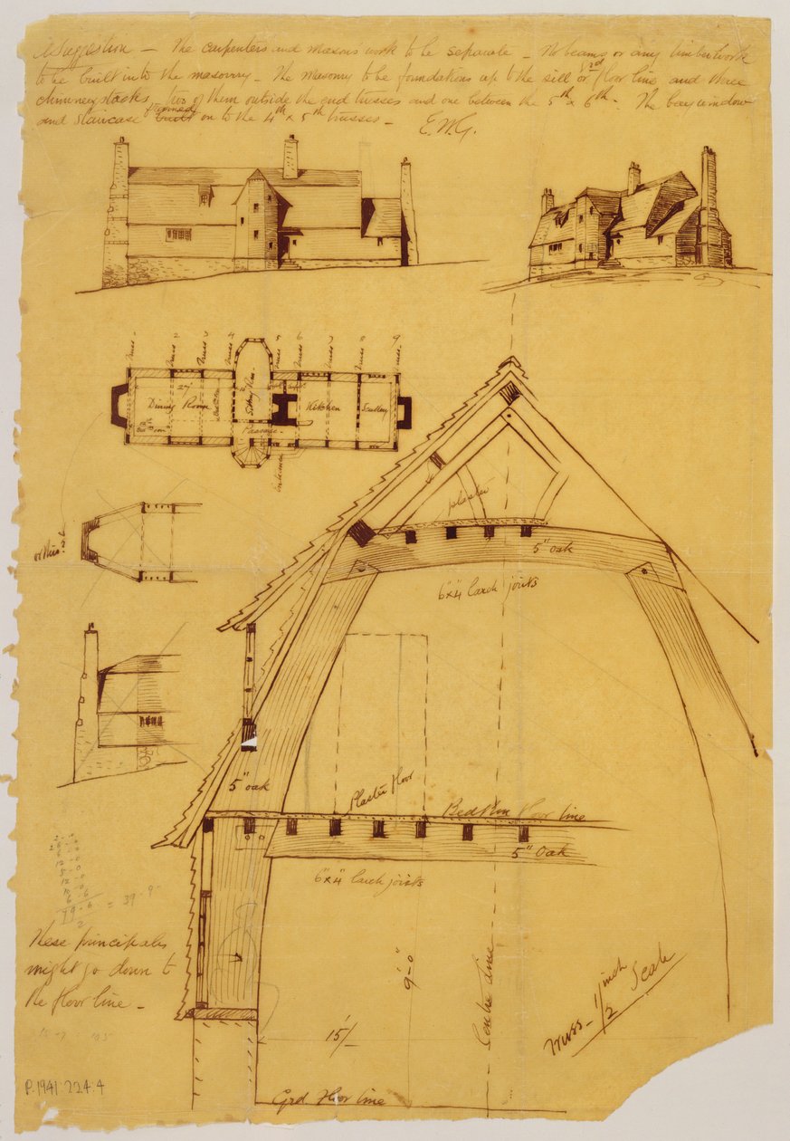 Widok, plan i szczegóły domu (tusz i ołówek na papierze) autorstwa Ernest William Gimson