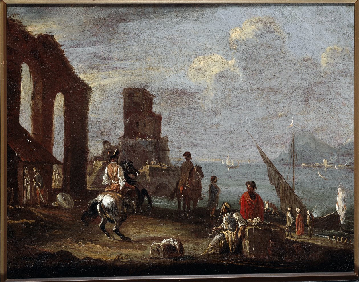 Krajobraz z ruinami w pobliżu morza Obraz Ernesto Monsu Dareta (XVII w.) Słońce 40x50 cm Geny, Musei di Strada Nuova (dawny Palazzo Bianco) autorstwa Ernest called Monsu Ernesto Daret